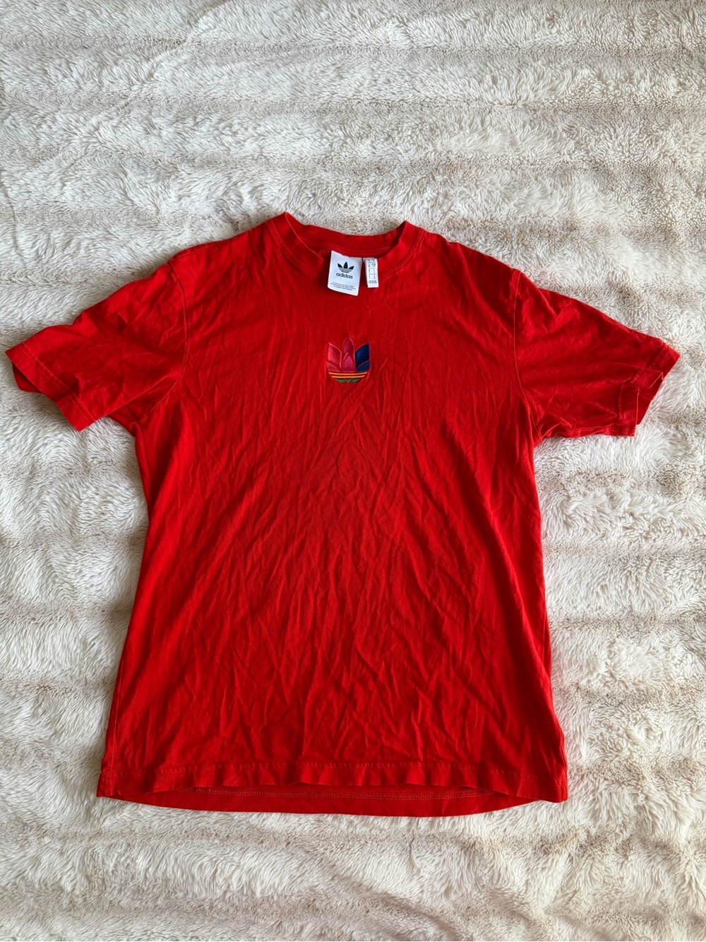 adidas Red Short Sleeve Tee with Multicolor Trefoil
